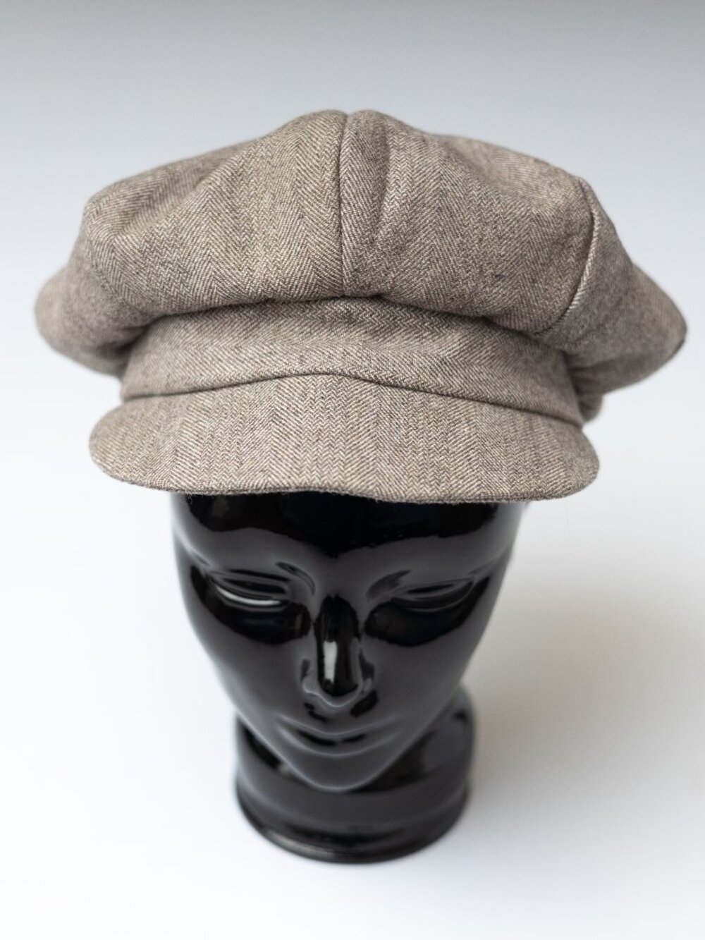 Upcycled Brown Herringbone Wool Slouchy Newsboy Hat